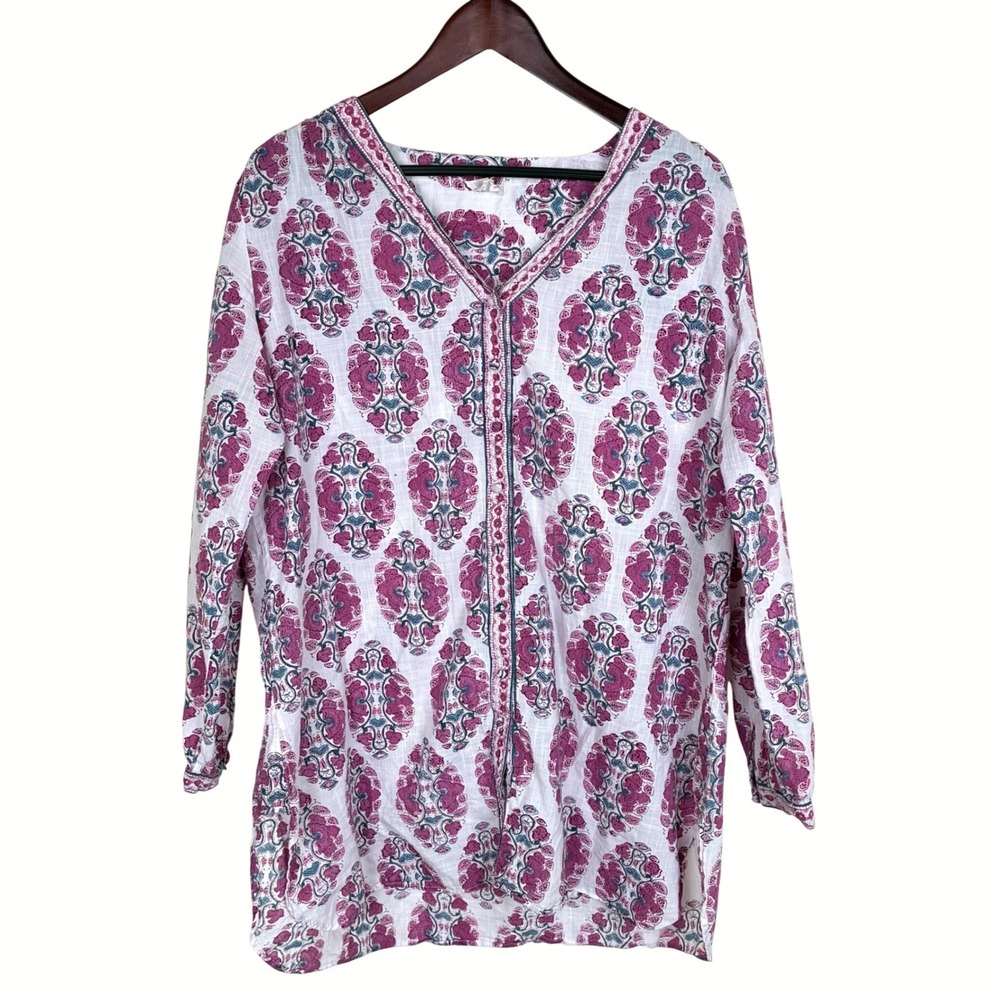 Anokhi Womens Tunic Top Sz XXL %100 Cotton Boho Floral Long Sleeve Travel V Neck